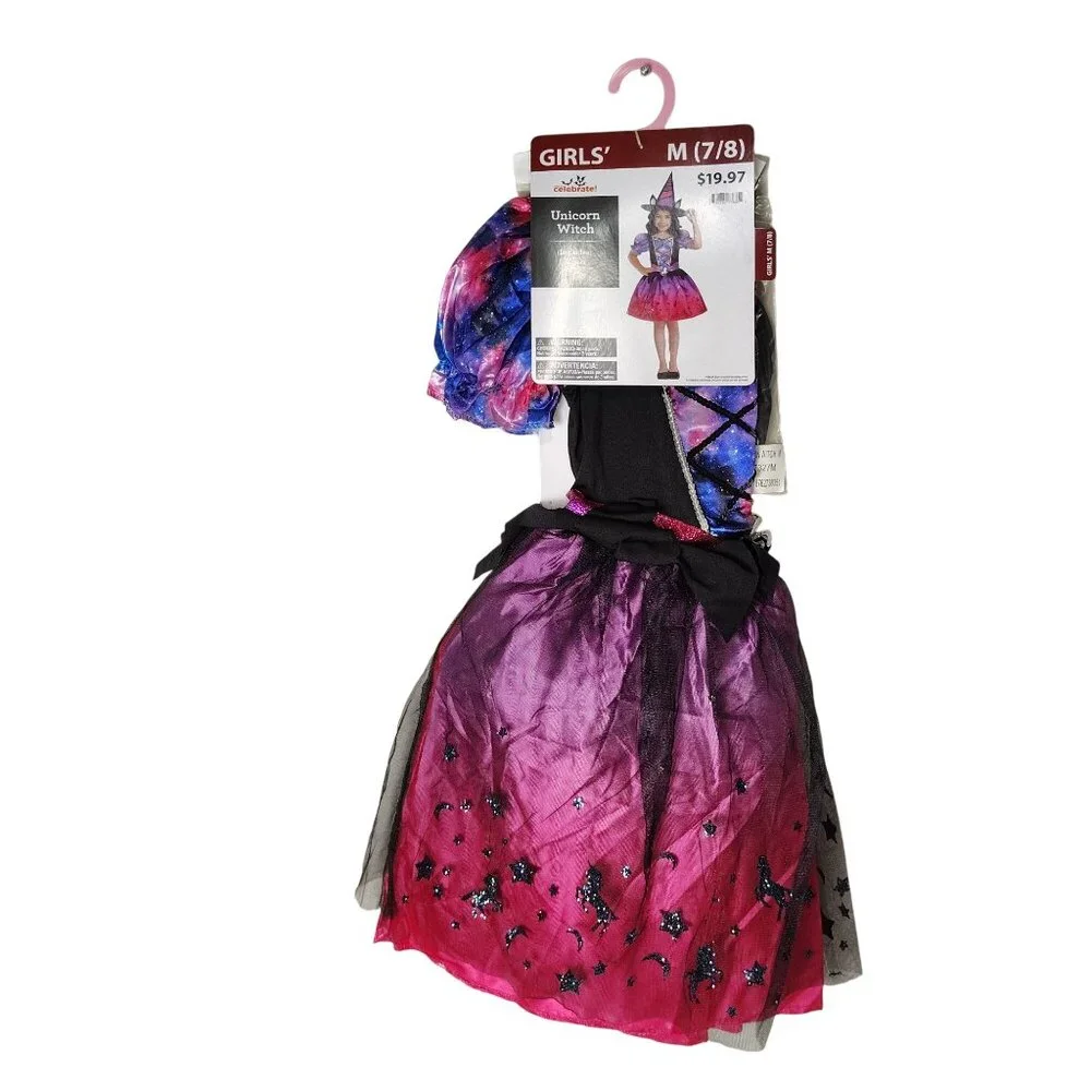 Celebrate Girls M (7/8) Unicorn Witch Dress and Hat Halloween Costume